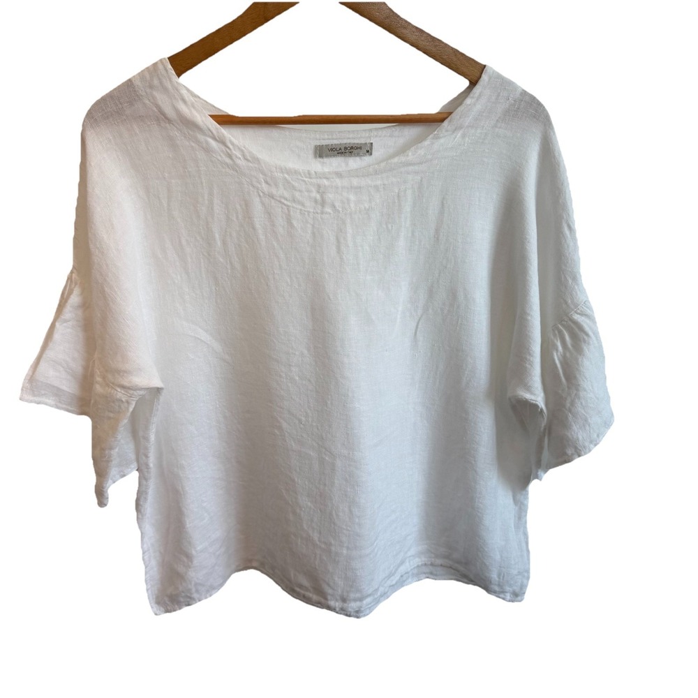 Viola Borghi White Minimalist Coastal Linen Top M Made In Italy Ruffled Sleeves